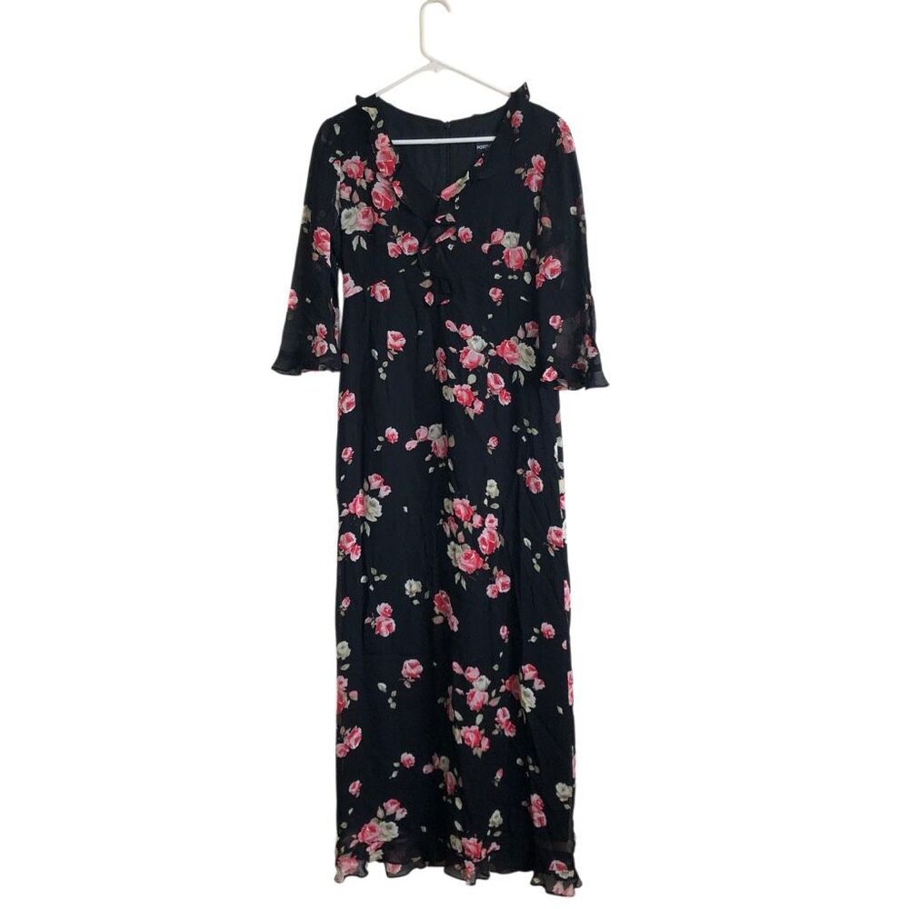 🌹 VTG 90s WHIMSIGOTH ROSE MAXI DRESS 🌹 ruffles floral 3/4 sleeve rayon vintage - Picture 2 of 8